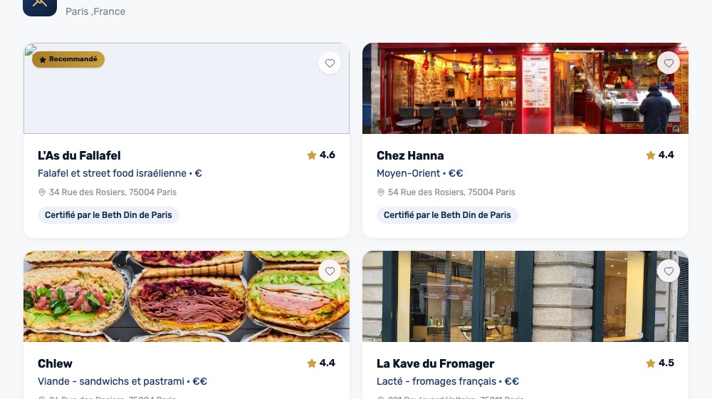 Une page de catégorie à Paris — un établissement mis en avant face à un établissement classique